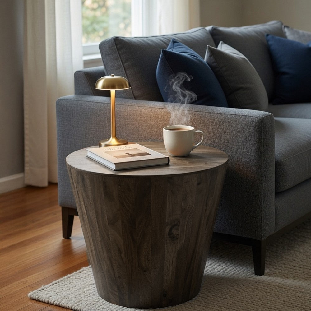 24 Inch Side End Table, Round Drum Shape, Handcrafted Distressed Gray Mango Wood - UPT-296152