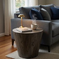 24 Inch Side End Table, Round Drum Shape, Handcrafted Distressed Gray Mango Wood - UPT-296152