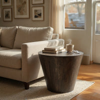 24 Inch Side End Table, Round Drum Shape, Handcrafted Distressed Gray Mango Wood - UPT-296152