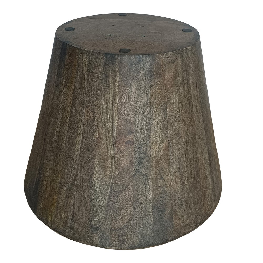 24 Inch Side End Table, Round Drum Shape, Handcrafted Distressed Gray Mango Wood - UPT-296152