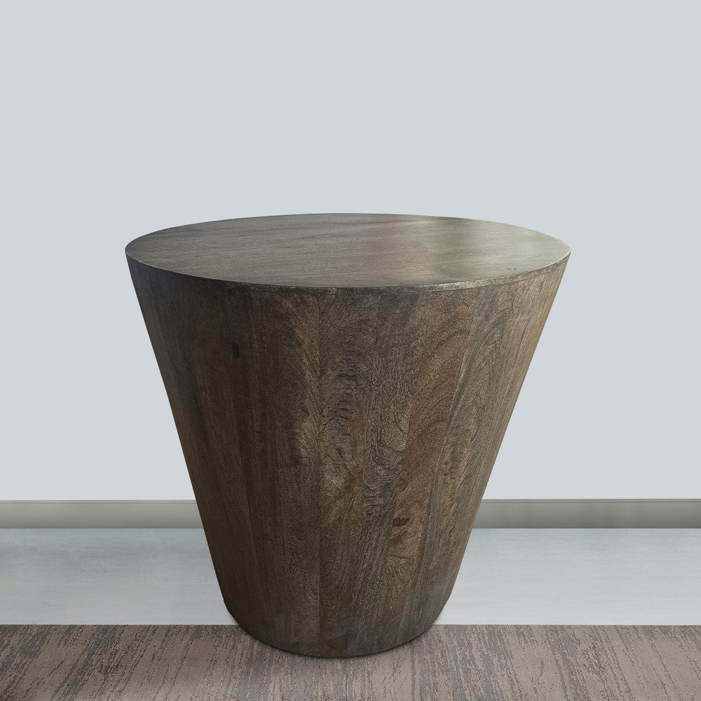 24 Inch Side End Table, Round Drum Shape, Handcrafted Distressed Gray Mango Wood - UPT-296152