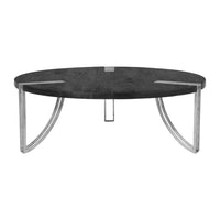 35 Inch Round Coffee Table, Sandblasted Matte Black Mango Wood Top, Curved Aluminum Legs, Antique Silver - UPT-296153