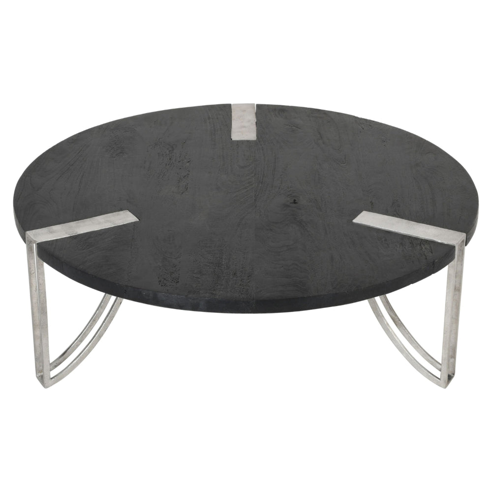 35 Inch Round Coffee Table, Sandblasted Matte Black Mango Wood Top, Curved Aluminum Legs, Antique Silver - UPT-296153