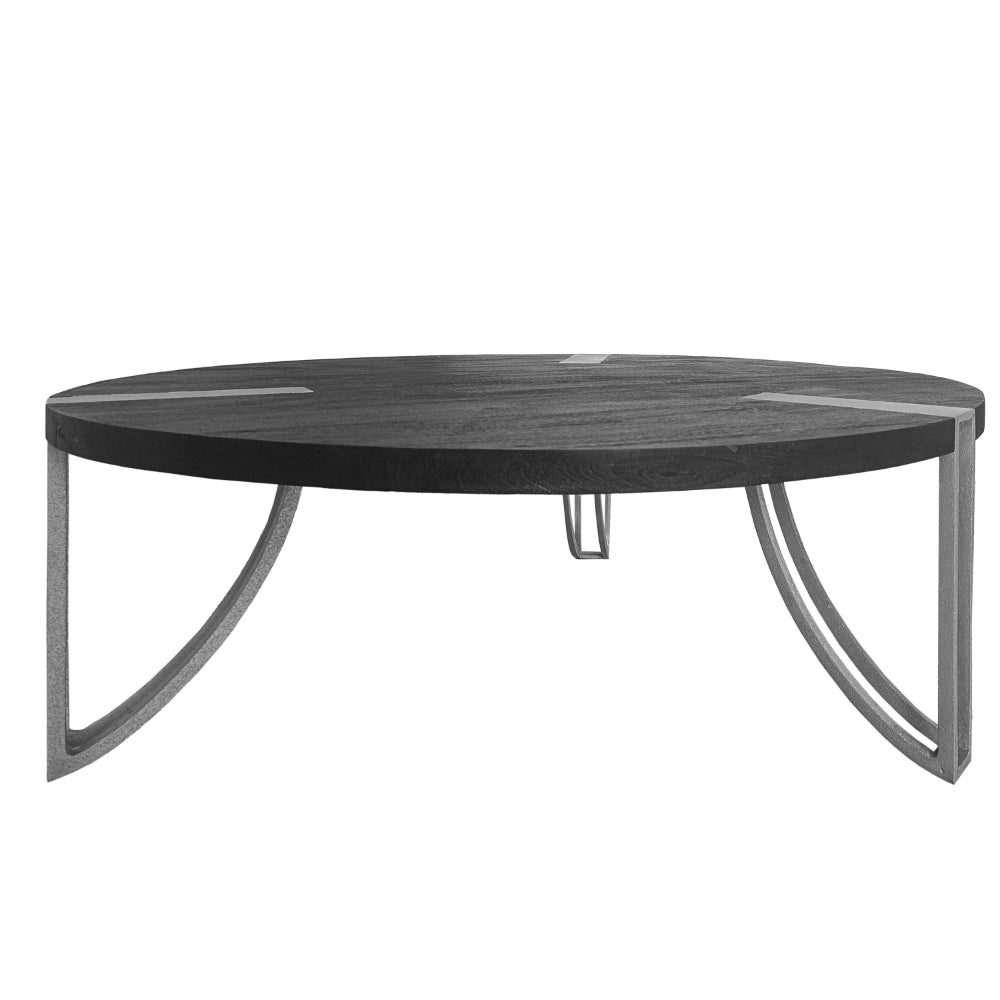 35 Inch Round Coffee Table, Sandblasted Matte Black Mango Wood Top, Curved Aluminum Legs, Antique Silver - UPT-296153