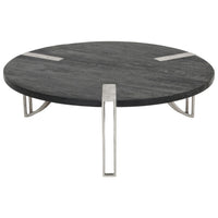 35 Inch Round Coffee Table, Sandblasted Matte Black Mango Wood Top, Curved Aluminum Legs, Antique Silver - UPT-296153