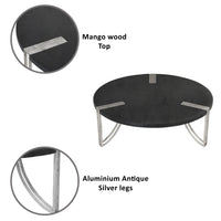 35 Inch Round Coffee Table, Sandblasted Matte Black Mango Wood Top, Curved Aluminum Legs, Antique Silver - UPT-296153