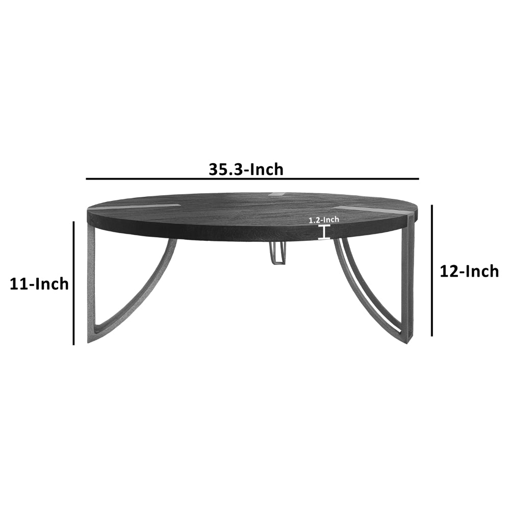 35 Inch Round Coffee Table, Sandblasted Matte Black Mango Wood Top, Curved Aluminum Legs, Antique Silver - UPT-296153