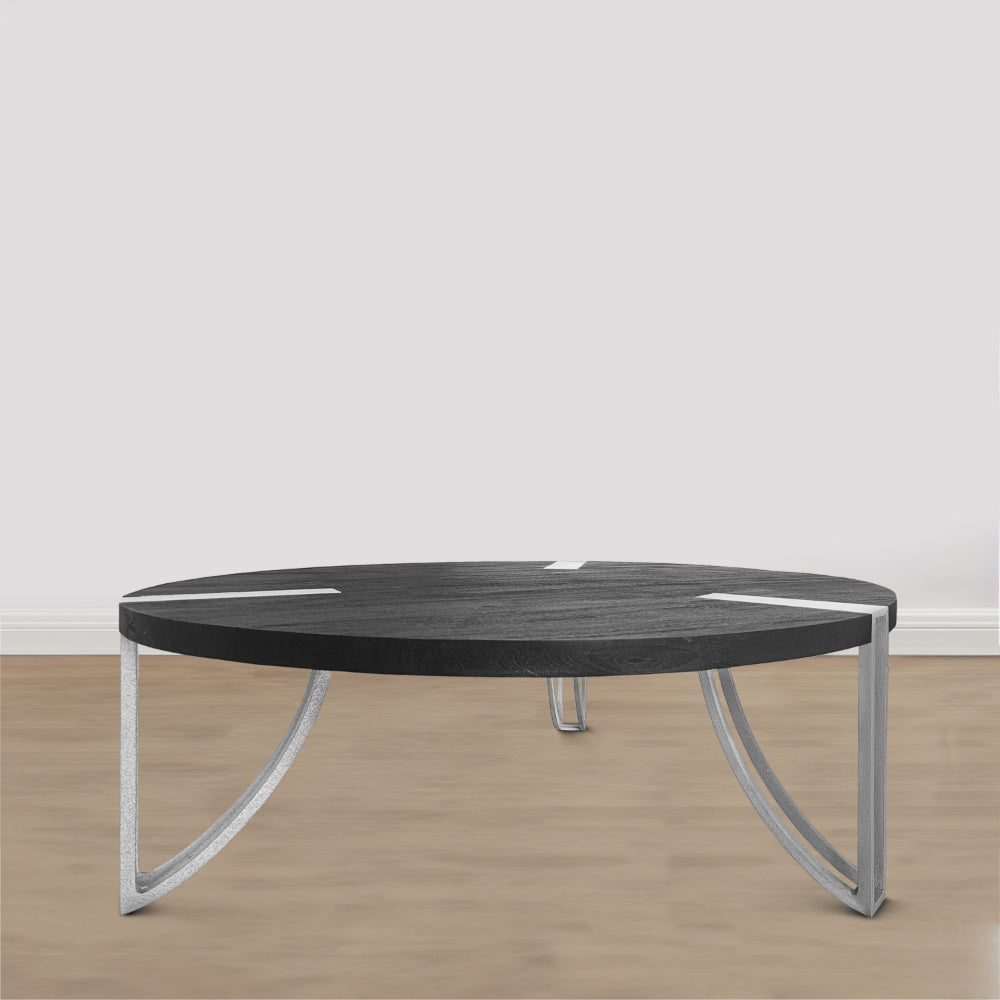 35 Inch Round Coffee Table, Sandblasted Matte Black Mango Wood Top, Curved Aluminum Legs, Antique Silver - UPT-296153