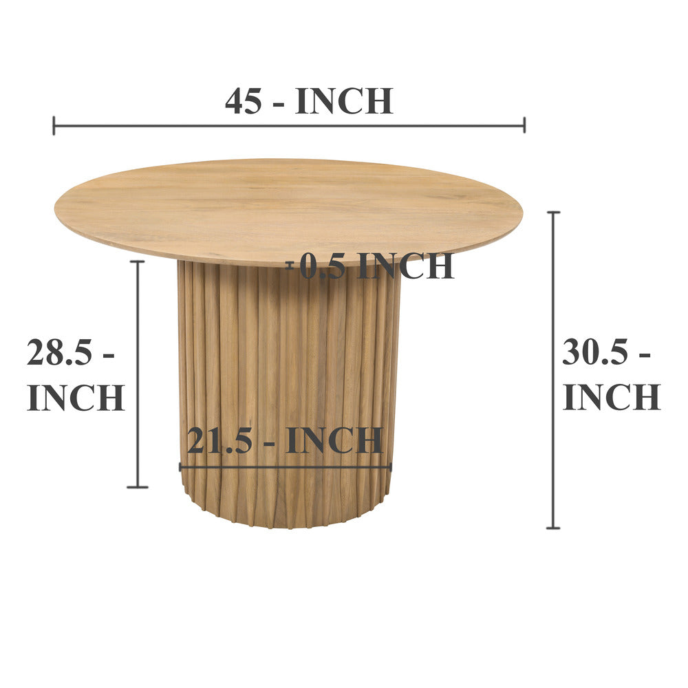 Sejo Dining Table, 45 Inch Round Top with Fluted Padestal Base, Natural Brown Mango Wood - UPT-296156