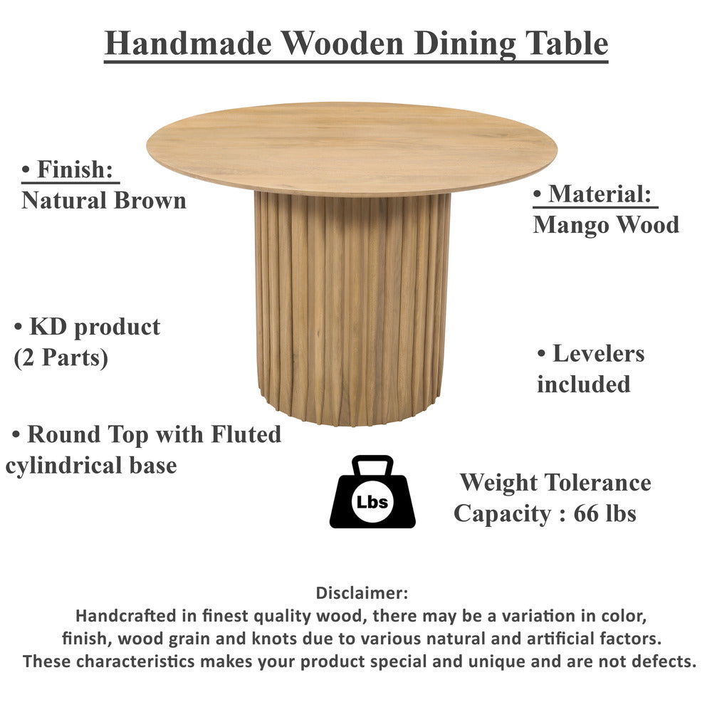 Sejo Dining Table, 45 Inch Round Top with Fluted Padestal Base, Natural Brown Mango Wood - UPT-296156