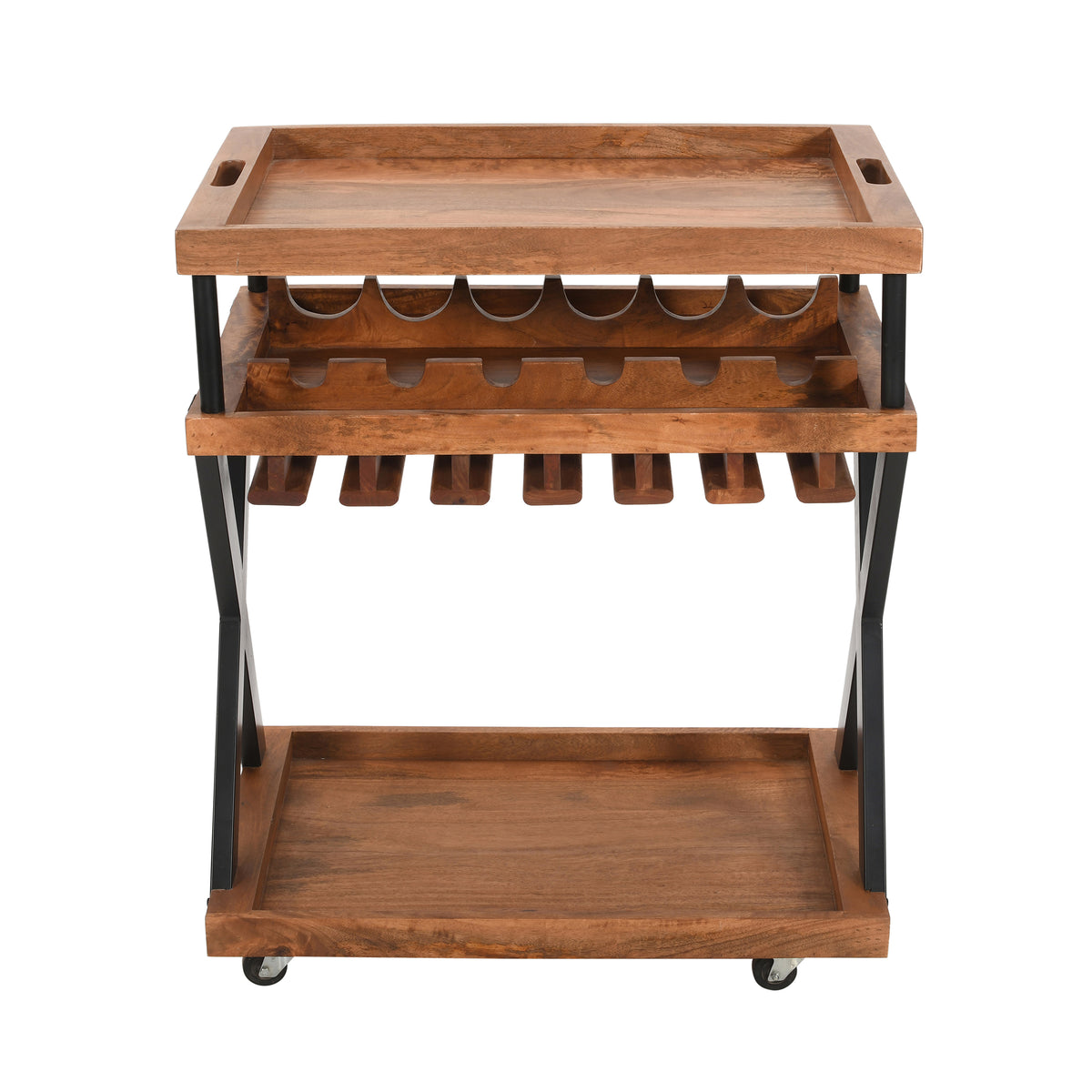 30 Inch Rolling Wine Bar Cart, 2 Tray Tops, Stemware Rack, Bottle Holder, Natural Brown Mango Wood - UPT-296157