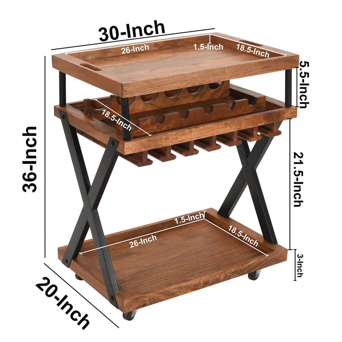 30 Inch Rolling Wine Bar Cart, 2 Tray Tops, Stemware Rack, Bottle Holder, Natural Brown Mango Wood - UPT-296157