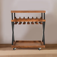 30 Inch Rolling Wine Bar Cart, 2 Tray Tops, Stemware Rack, Bottle Holder, Natural Brown Mango Wood - UPT-296157