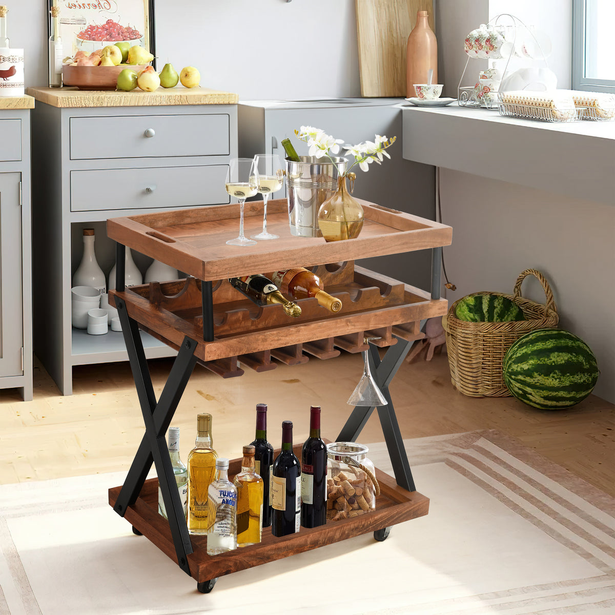 30 Inch Rolling Wine Bar Cart, 2 Tray Tops, Stemware Rack, Bottle Holder, Natural Brown Mango Wood - UPT-296157