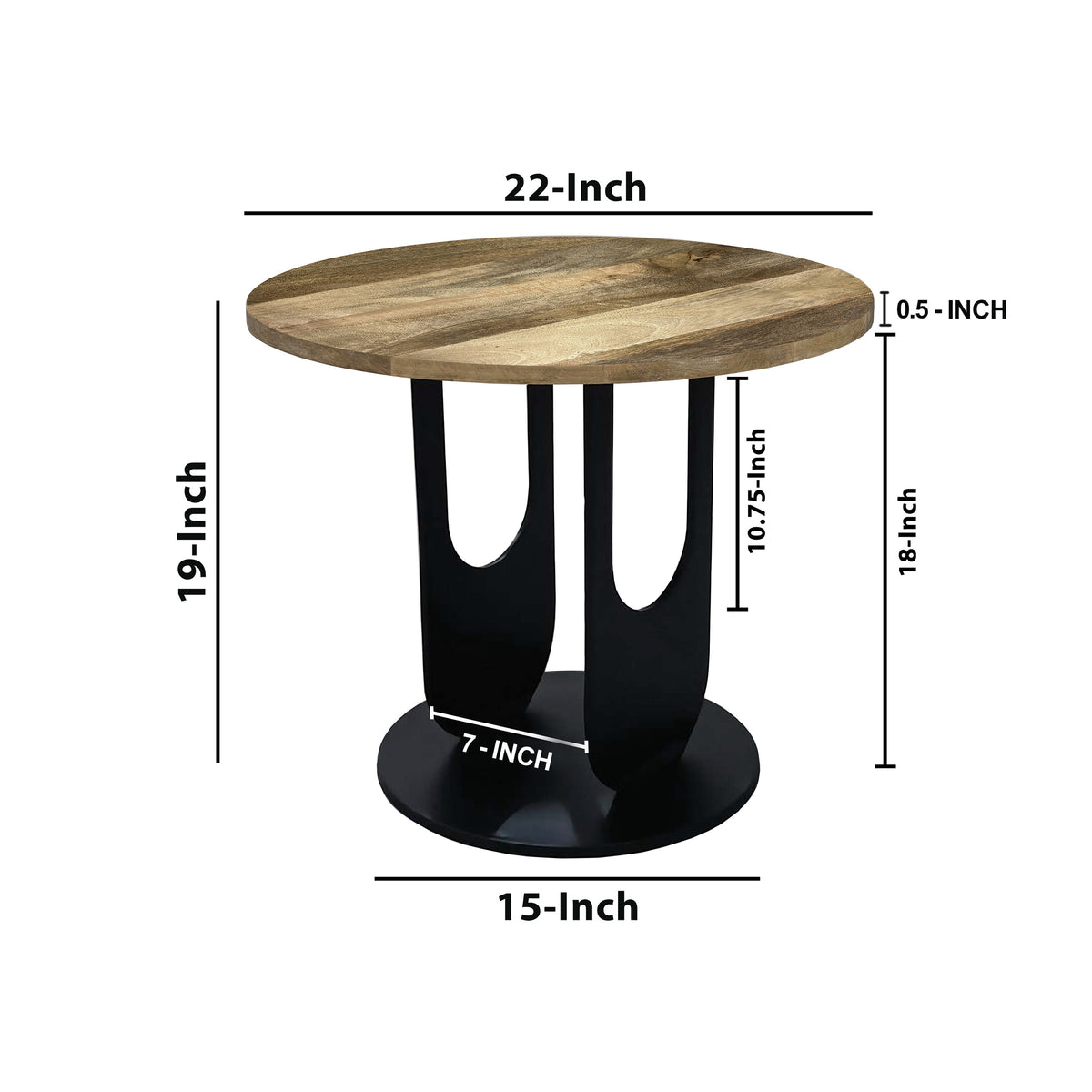 22 Inch Side End Table, Round Natural Mango Wood Top,  Black Iron U Shaped Legs - UPT-297048