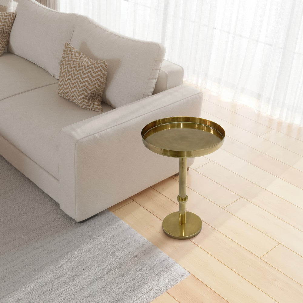 Ara 22 Inch Side End Table, Vintage Sleek Pillar Base, Round Tray Top, Oxidized Antique Brass - UPT-297049