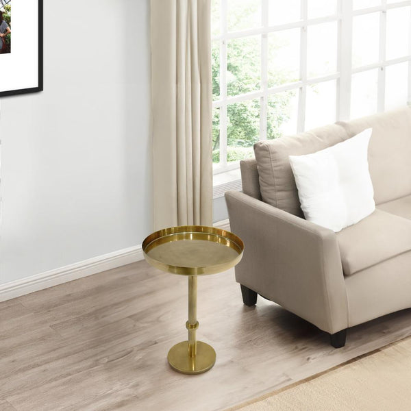 Ara 22 Inch Side End Table, Vintage Sleek Pillar Base, Round Tray Top, Oxidized Antique Brass - UPT-297049