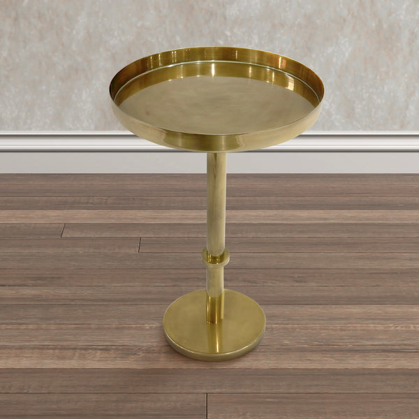 Ara 22 Inch Side End Table, Vintage Sleek Pillar Base, Round Tray Top, Oxidized Antique Brass - UPT-297049