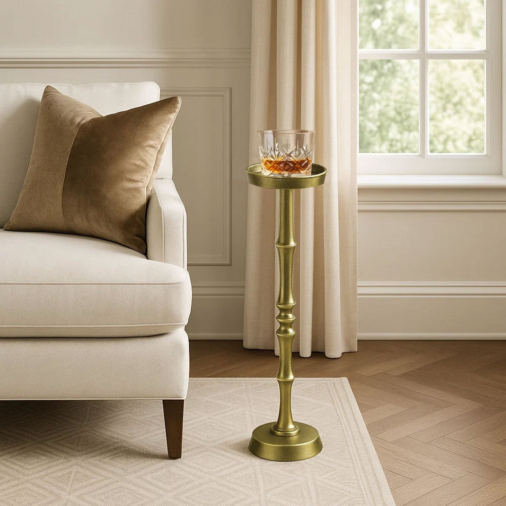 26 Inch Side End Drink Table, Turned Pedestal Metal Base, Round Top, Oxidized Brass - UPT-297050