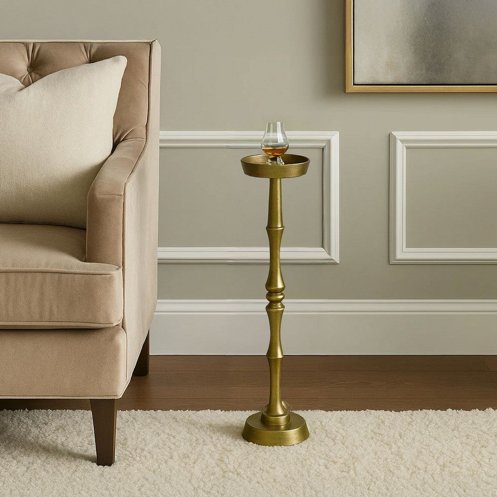 26 Inch Side End Drink Table, Turned Pedestal Metal Base, Round Top, Oxidized Brass - UPT-297050