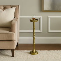 26 Inch Side End Drink Table, Turned Pedestal Metal Base, Round Top, Oxidized Brass - UPT-297050