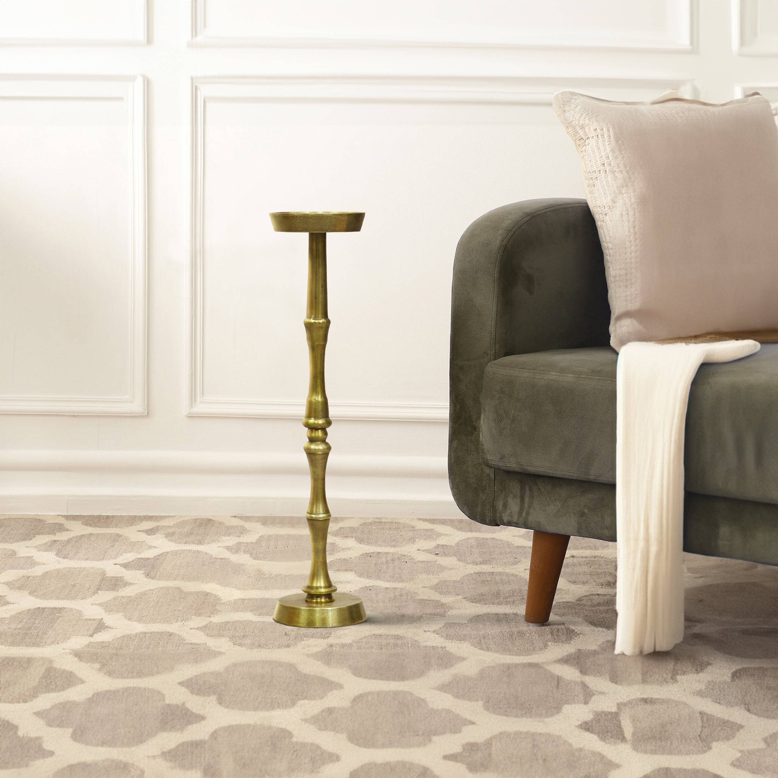 6 Inch Drink Side Table Turned Pedestal Metal Base Round Top Oxidized Brass UPT 297050