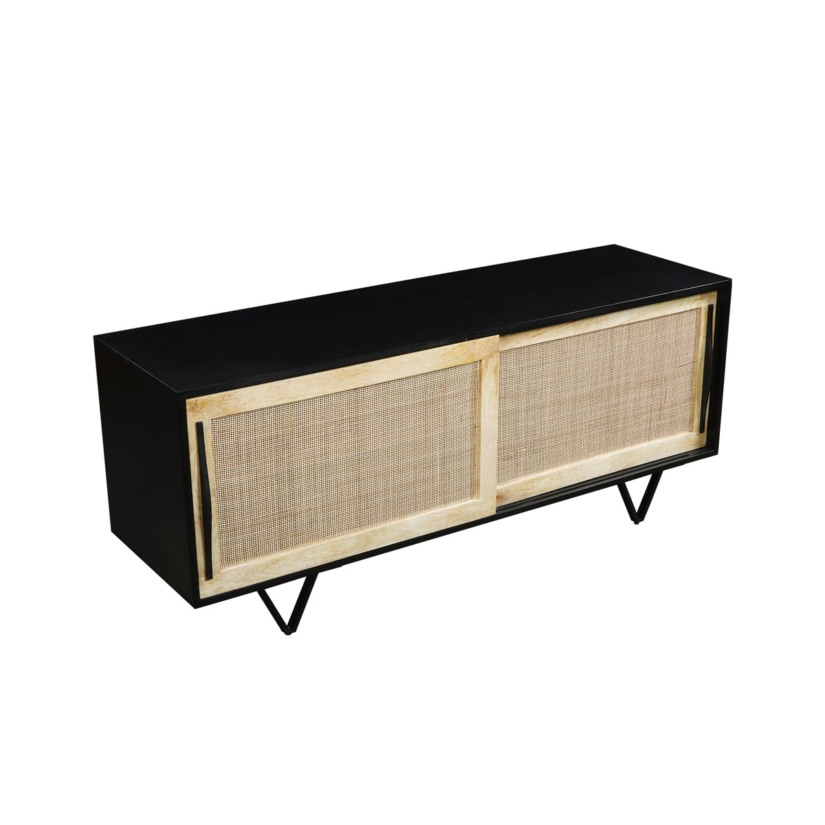 Handcrafted 60-Inch TV Media Console with Rattan Sliding Doors - Natural Brown And Matte Black Finish - UPT-297332