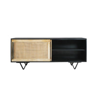 Handcrafted 60-Inch TV Media Console with Rattan Sliding Doors - Natural Brown And Matte Black Finish - UPT-297332