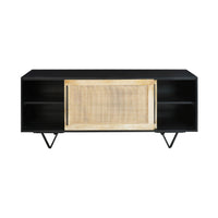 Handcrafted 60-Inch TV Media Console with Rattan Sliding Doors - Natural Brown And Matte Black Finish - UPT-297332