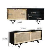 Handcrafted 60-Inch TV Media Console with Rattan Sliding Doors - Natural Brown And Matte Black Finish - UPT-297332