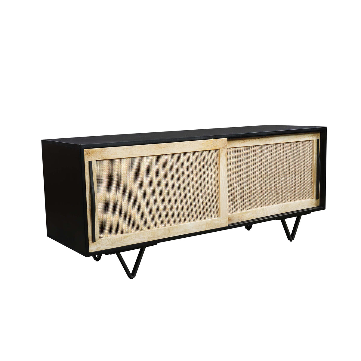 Handcrafted 60-Inch TV Media Console with Rattan Sliding Doors - Natural Brown And Matte Black Finish - UPT-297332