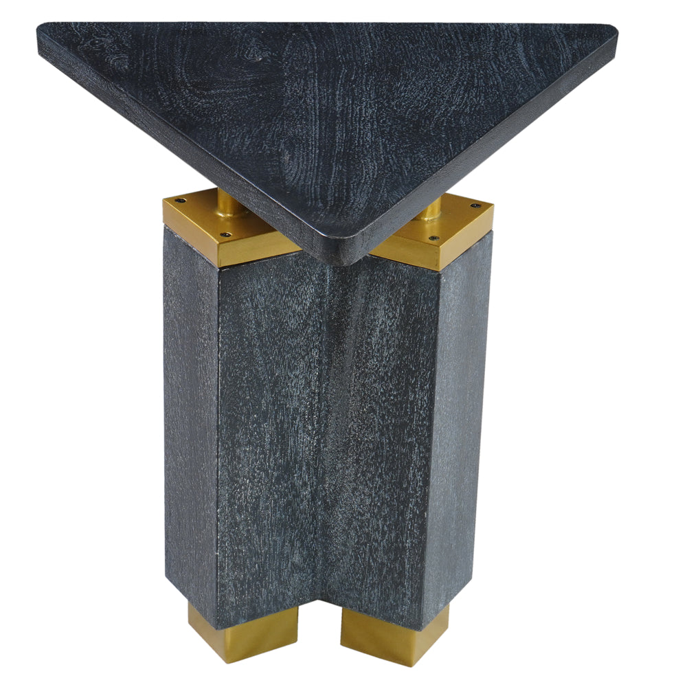 20 Inch Modern Side End Table, Handcrafted Triangular Shape, Gold Brass Trim, Sandblasted Black - UPT-297333