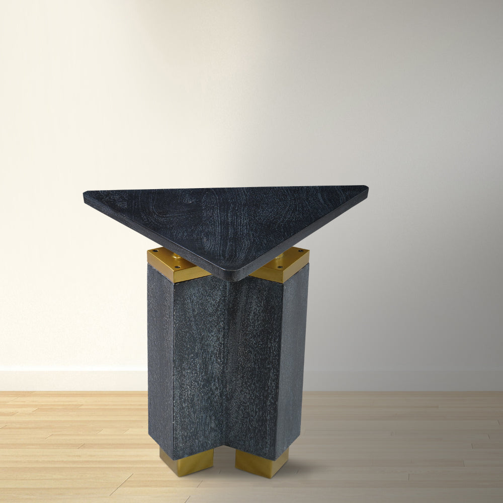 20 Inch Modern Side End Table, Handcrafted Triangular Shape, Gold Brass Trim, Sandblasted Black - UPT-297333