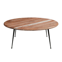 35 Inch Coffee Table, Round Sandblasted Brown Acacia Wood Top, Sleek Iron Legs - UPT-297334