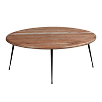 35 Inch Coffee Table, Round Sandblasted Brown Acacia Wood Top, Sleek Iron Legs - UPT-297334