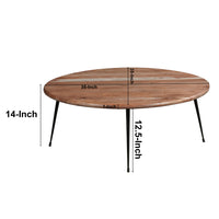 35 Inch Coffee Table, Round Sandblasted Brown Acacia Wood Top, Sleek Iron Legs - UPT-297334