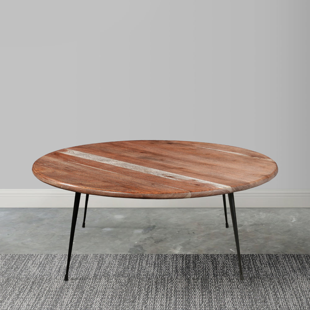 35 Inch Coffee Table, Round Sandblasted Brown Acacia Wood Top, Sleek Iron Legs - UPT-297334