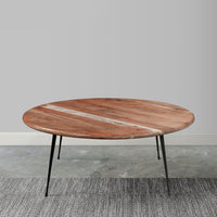 35 Inch Coffee Table, Round Sandblasted Brown Acacia Wood Top, Sleek Iron Legs - UPT-297334