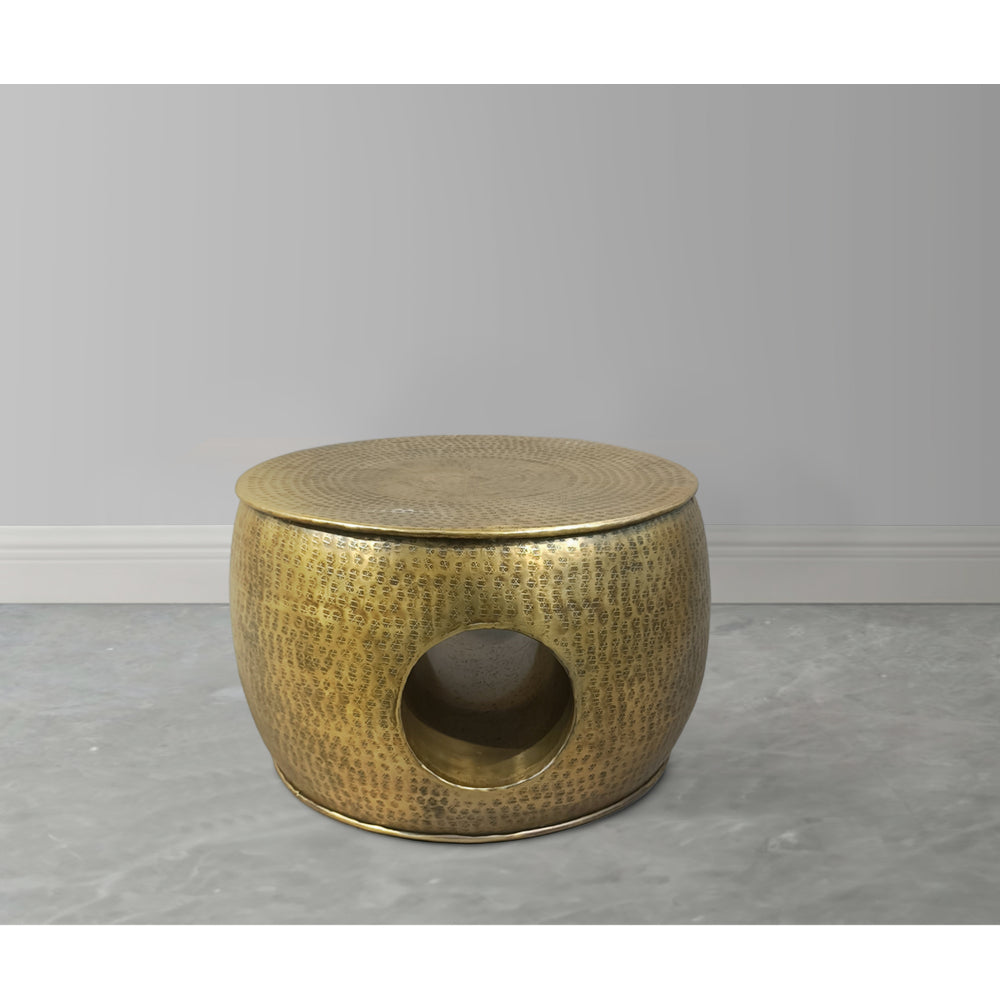 Nala 23 Inch Coffee Table, Low Round Drum Shape with Unique Hollow Center, Antique Brass Aluminum - UPT-298832