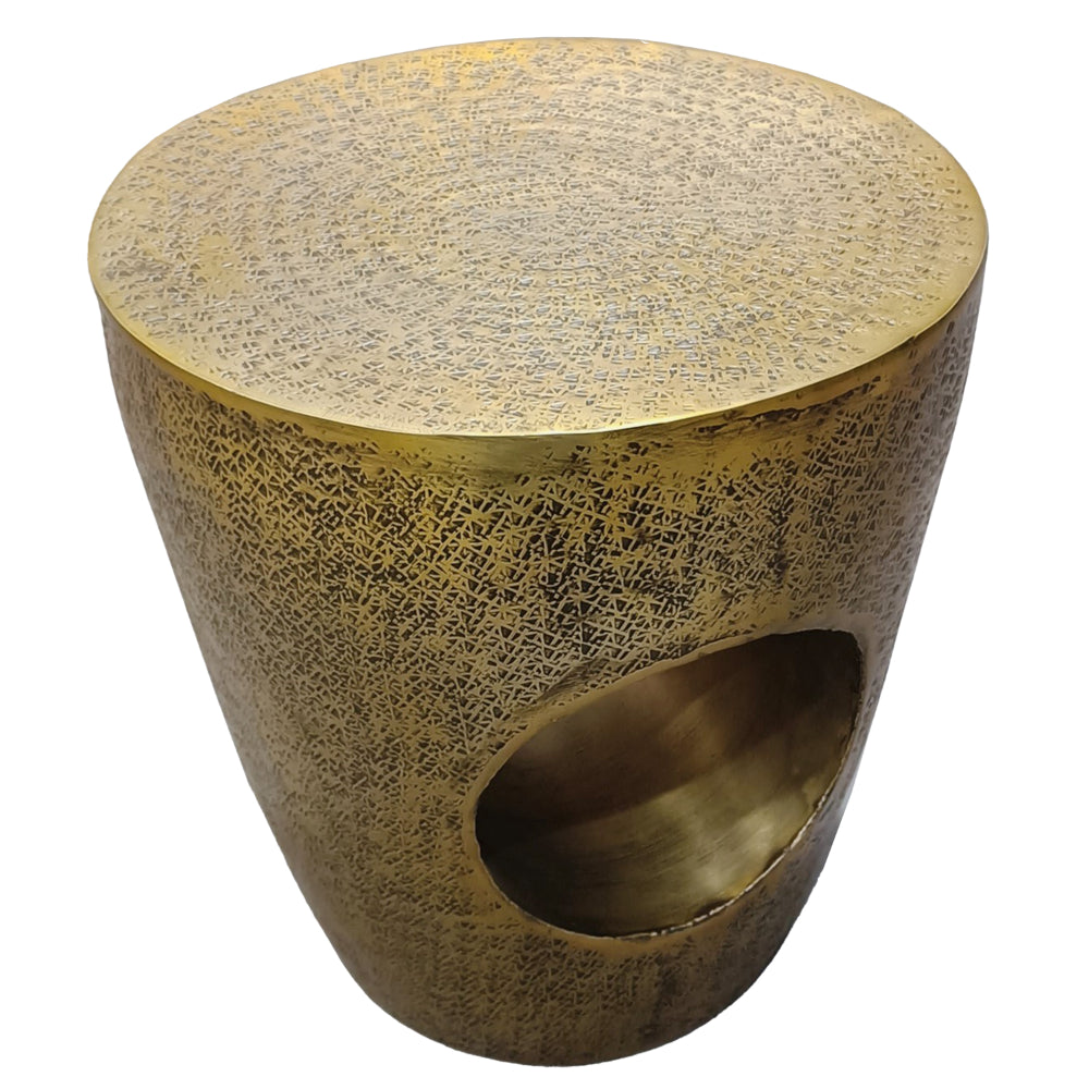 Nala 17 Inch Side End Table, Tapered Drum Shape with Unique Hollow Center, Antique Brass Aluminum - UPT-298833