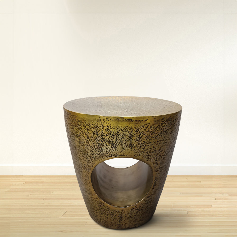 Nala 17 Inch Side End Table, Tapered Drum Shape with Unique Hollow Center, Antique Brass Aluminum - UPT-298833