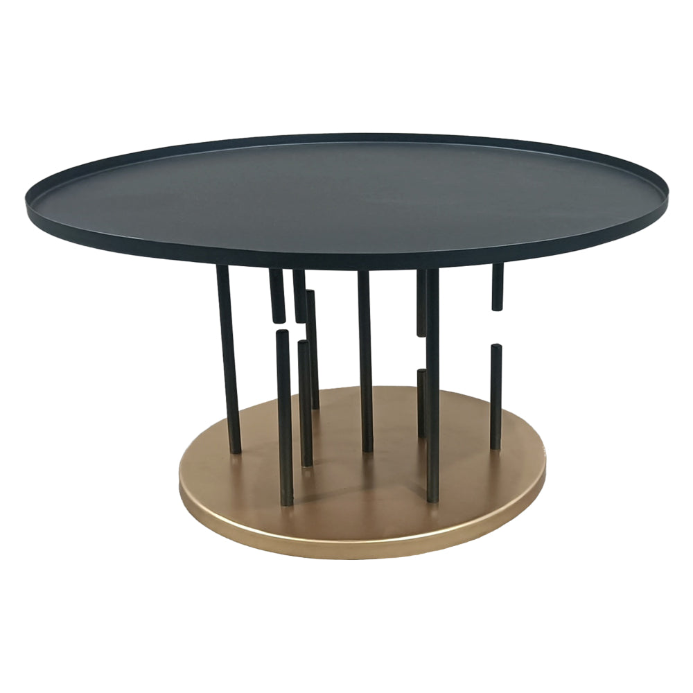 Neci 31 Inch Coffee Table, Round Matte Black Tray Top, Modern Rod Supports with Brass Base - UPT-298834