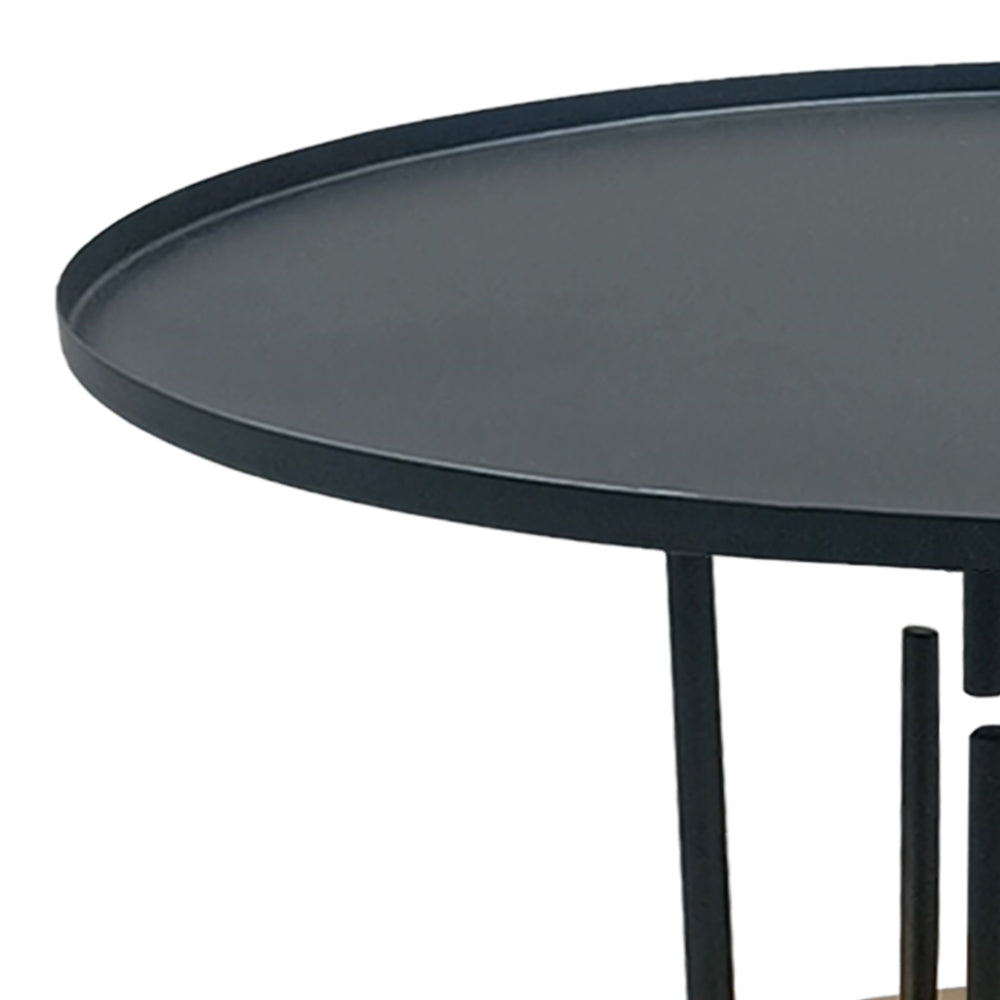 Neci 31 Inch Coffee Table, Round Matte Black Tray Top, Modern Rod Supports with Brass Base - UPT-298834