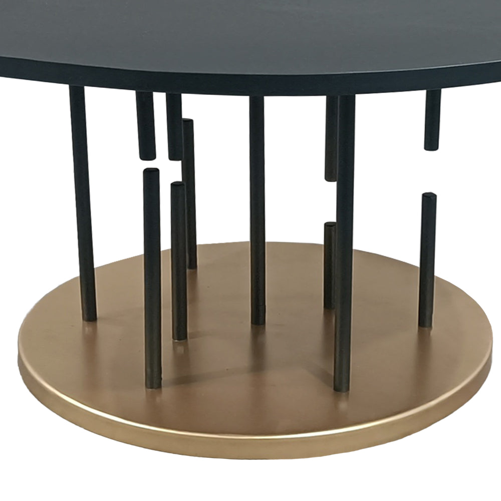 Neci 31 Inch Coffee Table, Round Matte Black Tray Top, Modern Rod Supports with Brass Base - UPT-298834