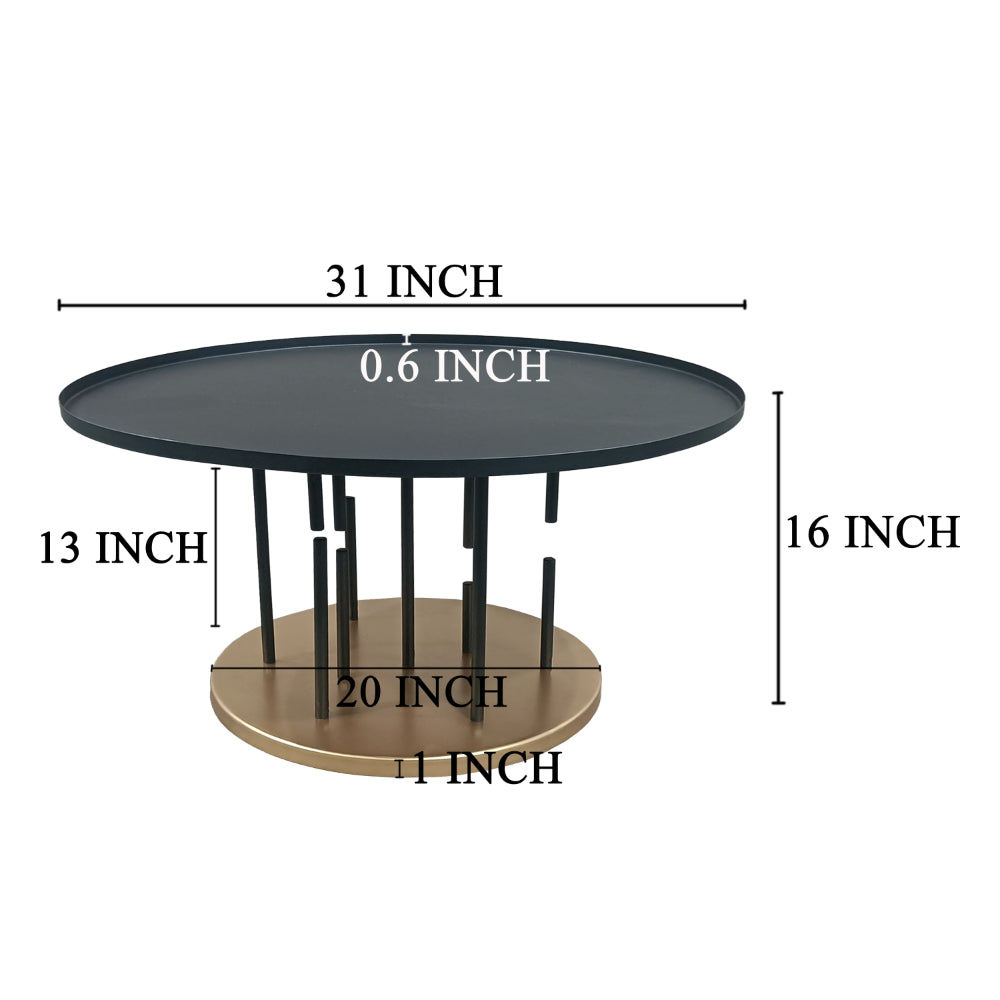 Neci 31 Inch Coffee Table, Round Matte Black Tray Top, Modern Rod Supports with Brass Base - UPT-298834