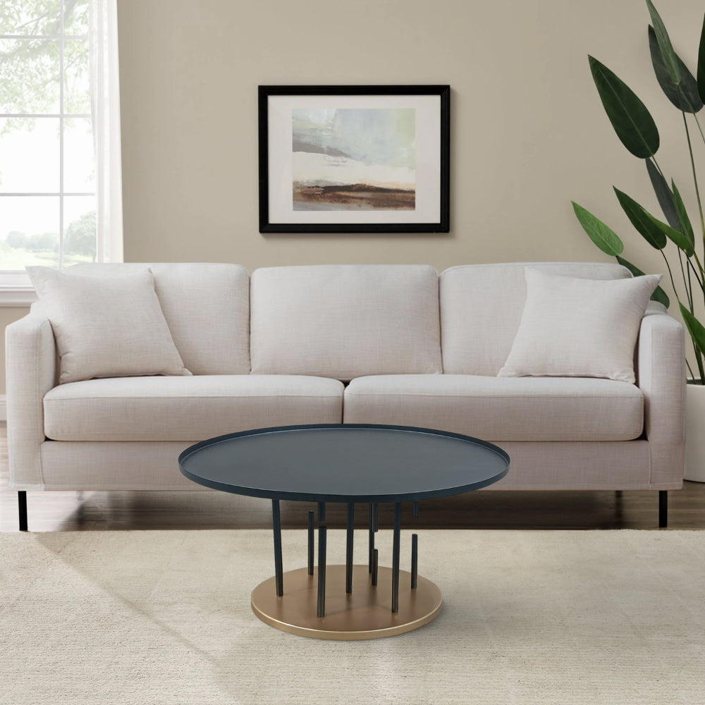 Neci 31 Inch Coffee Table, Round Matte Black Tray Top, Modern Rod Supports with Brass Base - UPT-298834