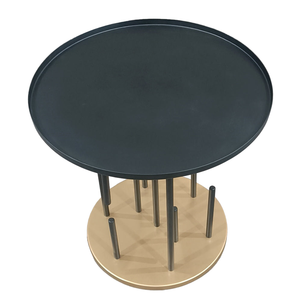 Neci 20 Inch Side End Table, Round Matte Black Tray Top, Modern Rod Supports with Brass Base - UPT-298835