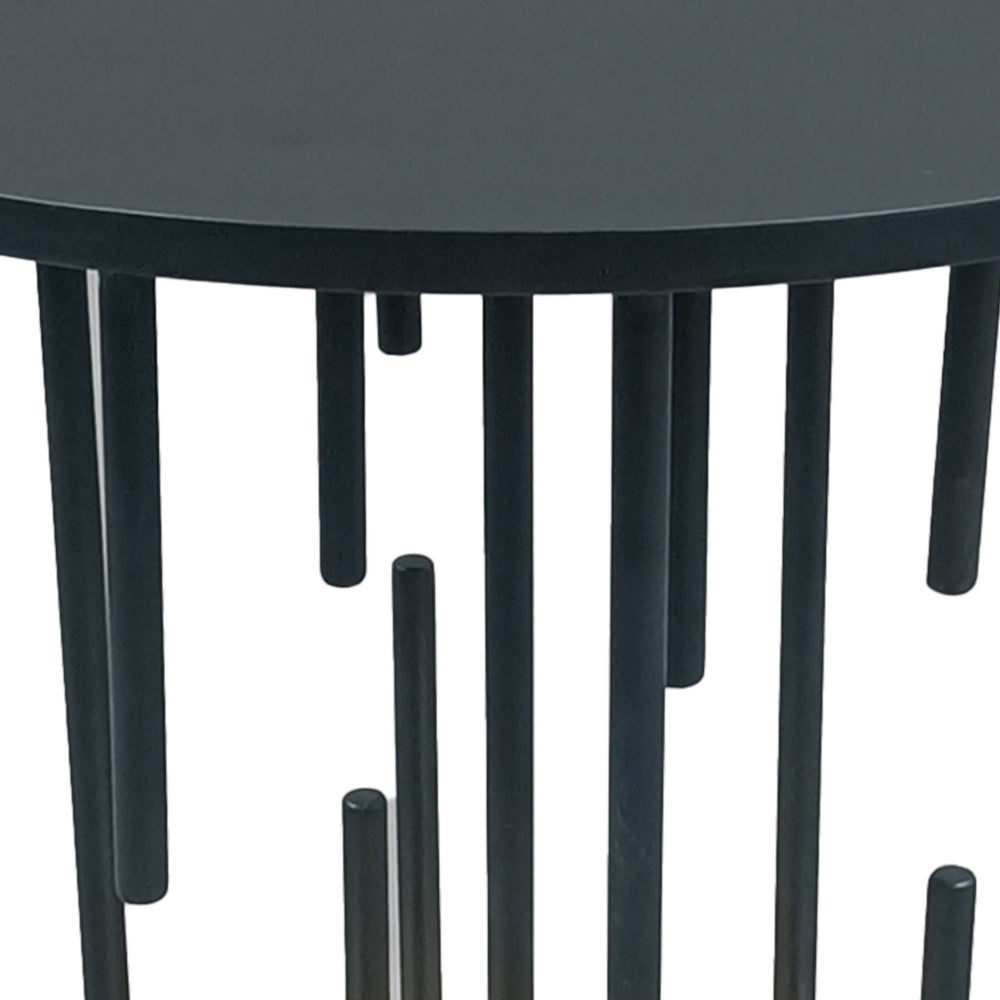 Neci 20 Inch Side End Table, Round Matte Black Tray Top, Modern Rod Supports with Brass Base - UPT-298835