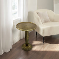 17 Inch Side End Drink Table, Fancy Fluted Base, Round Top, Antique Brass - UPT-298837