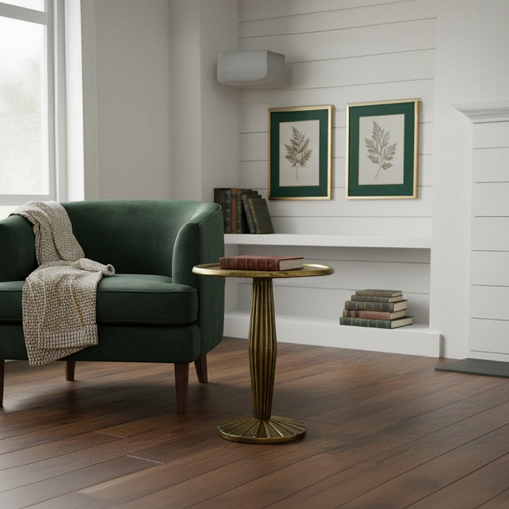 17 Inch Side End Drink Table, Fancy Fluted Base, Round Top, Antique Brass - UPT-298837